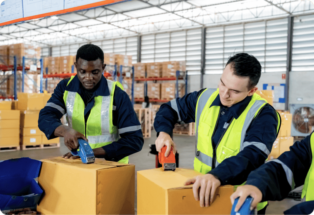 Men preparing boxes as a part of the shipment planning process.