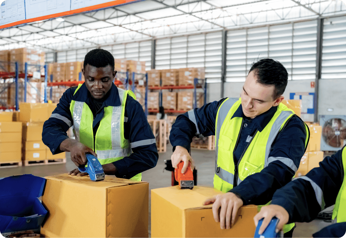 Men preparing boxes as a part of the shipment planning process.
