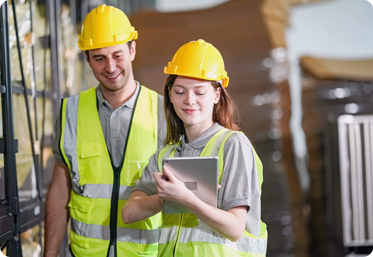 Warehouse employees identifying inefficiencies in the supply chain with the help of technology