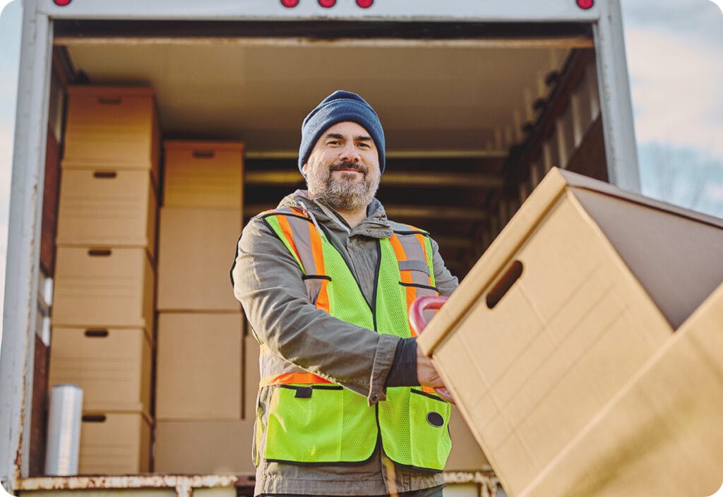 A new truck delivery man loading parcels into his vehicle as part of the outsourcing in logistics process