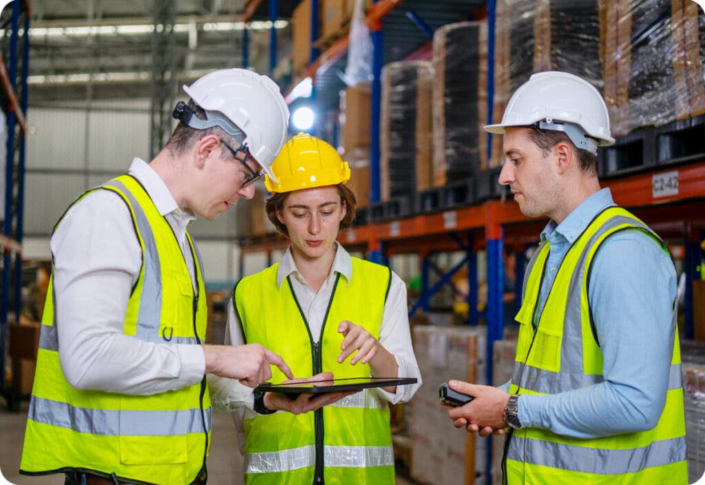 Warehouse manager and employees viewing data in devices while in a warehouse as part of supply chain risk management