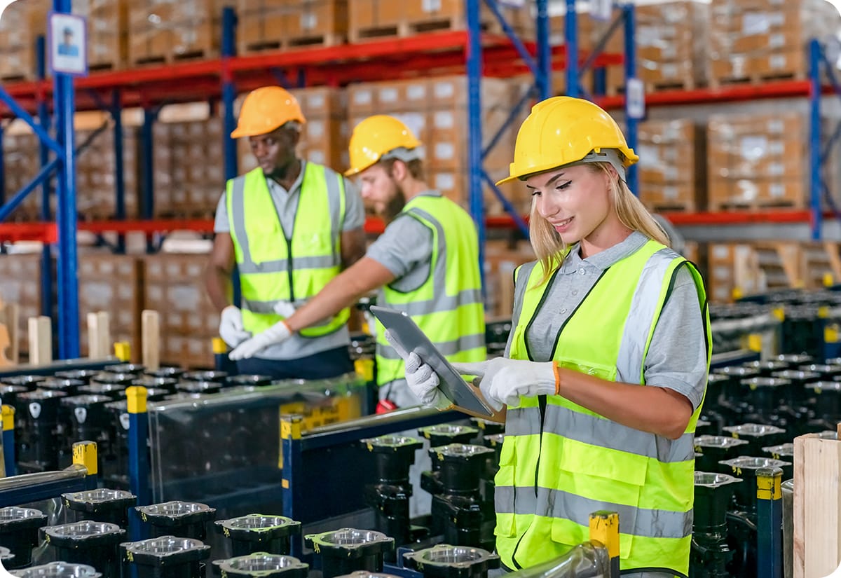 Warehouse employee tracking supply chain performance with correct KPIs via her laptop