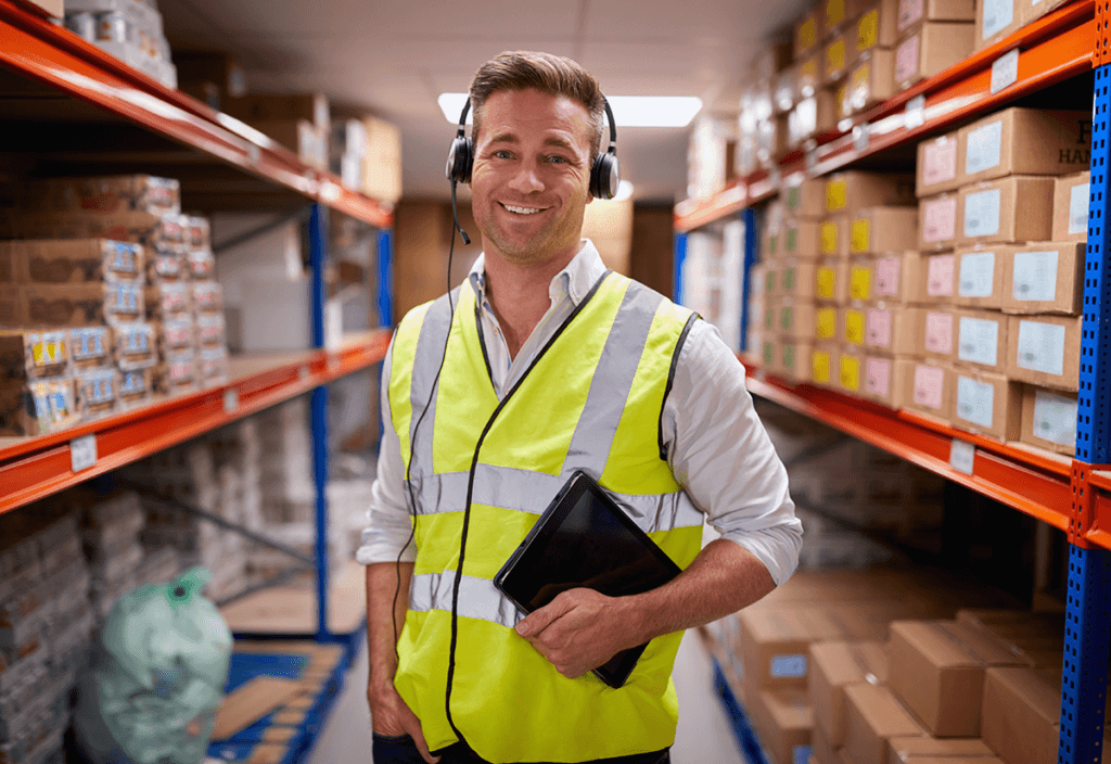 Warehouse worker using a tablet to monitor temperature in a warehouse.
